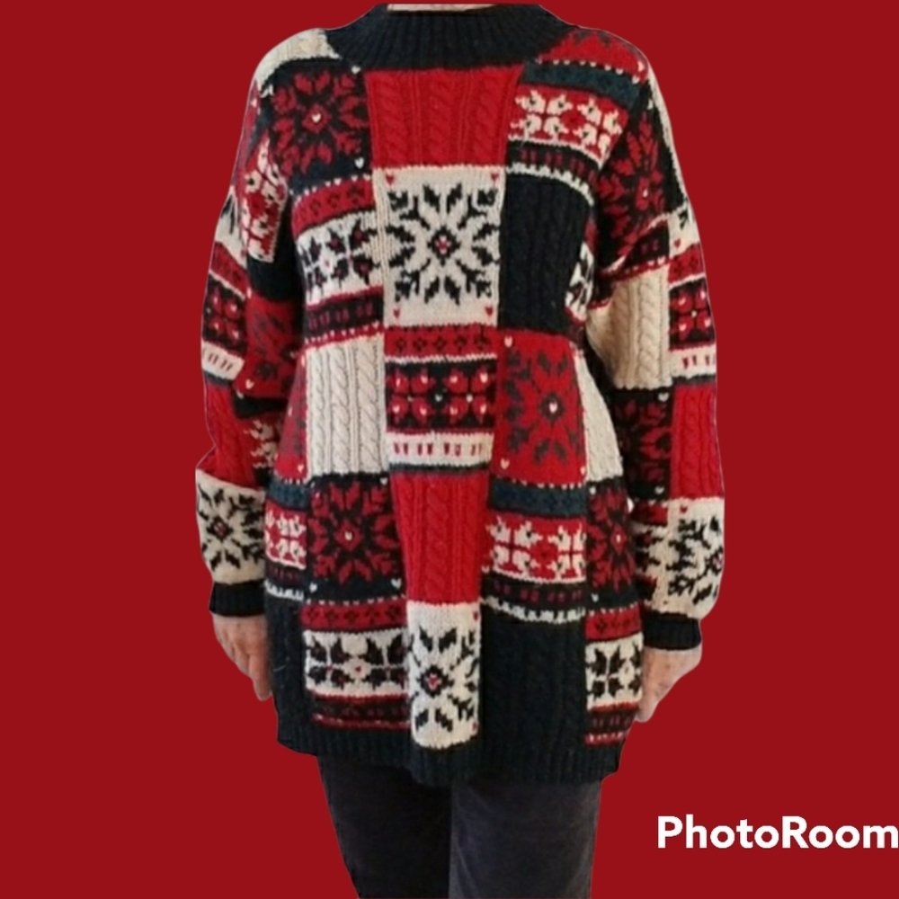 VTG Prides Landing Women WOOL Winter, Snowflake KNIT Patchwork Sweater - Picture 4 of 14